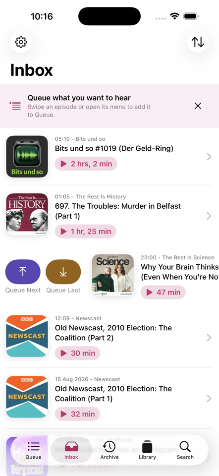 JollyPod inbox screen with podcast episodes and queue actions