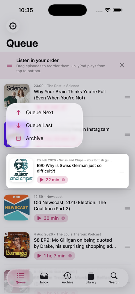 JollyPod queue screen showing reordered podcast episodes