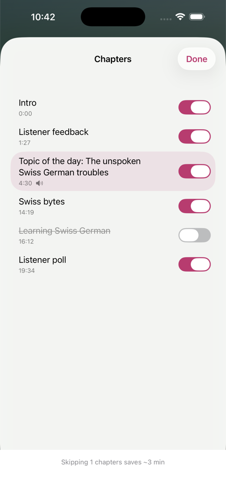 JollyPod chapter screen with switches for skipping chapters