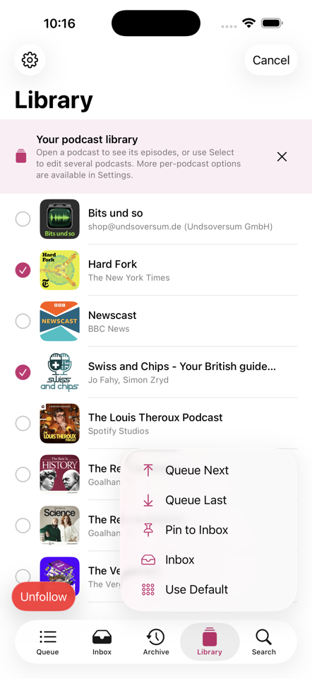 JollyPod library screen with selected podcasts and per-podcast actions