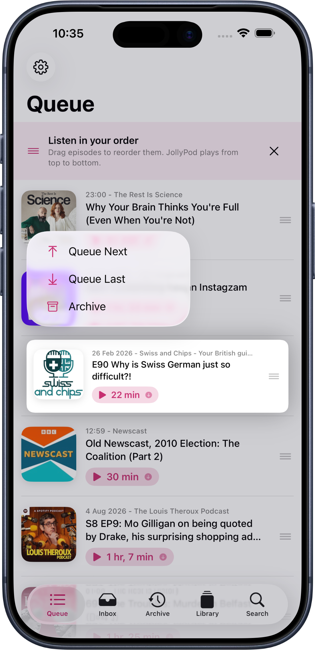 JollyPod queue shown inside an iPhone, with podcast episodes and queue actions